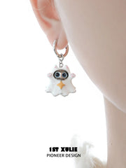 1ST XULIE "CANDLELIGHT GHOST" Interchangeable Ghost Cat Charm Hoop Earrings in Platinum Plated - Size Comparison