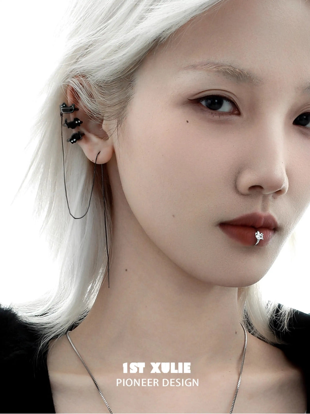 1ST XULIE "Ghosts Black Cat" 18K Black Gold Plated Statement Tassel Dangle Ear Clips - Angled View