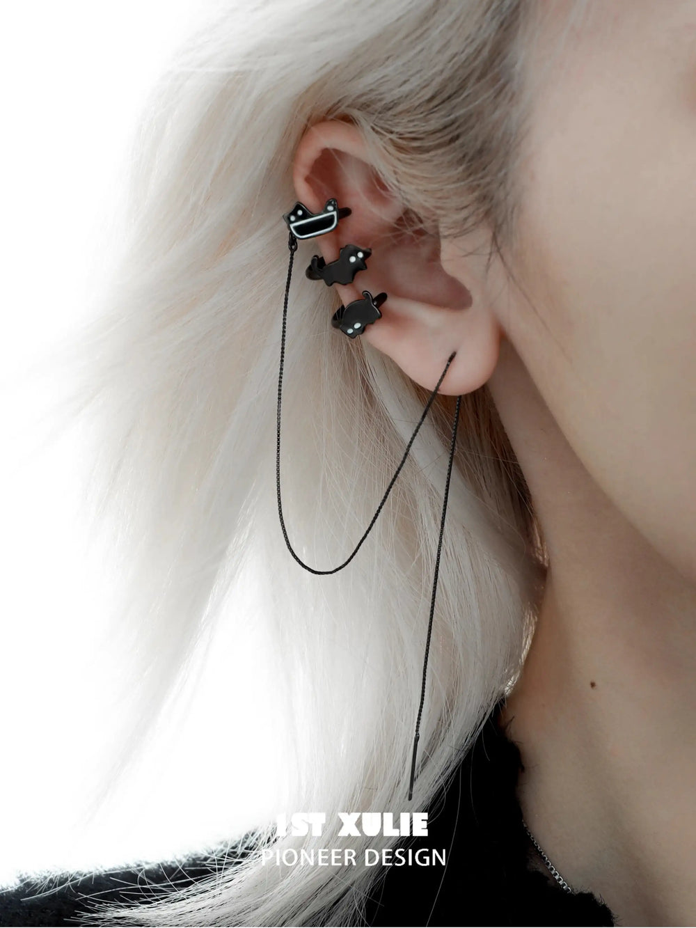 1ST XULIE "Ghosts Black Cat" 18K Black Gold Plated Statement Tassel Dangle Ear Clips - Product View