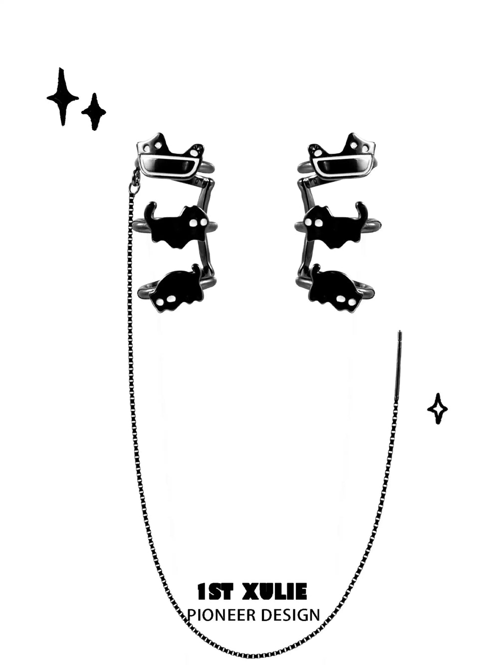 1ST XULIE "Ghosts Black Cat" 18K Black Gold Plated Statement Tassel Dangle Ear Clips - On Model