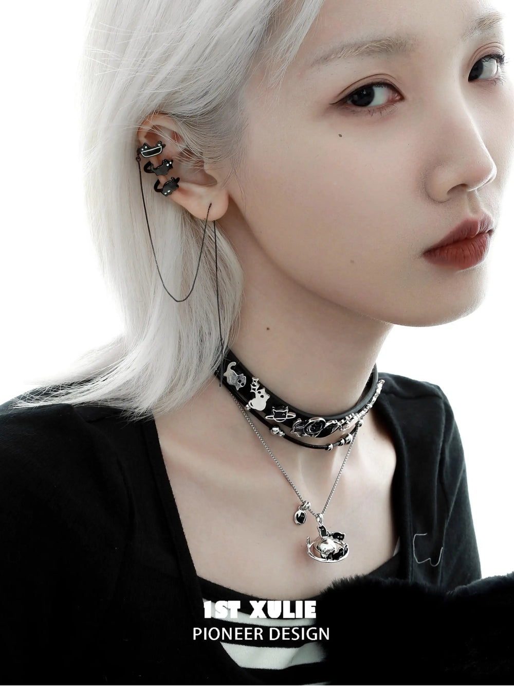 1ST XULIE "Ghosts Black Cat" 18K Black Gold Plated Statement Tassel Dangle Ear Clips - Side View