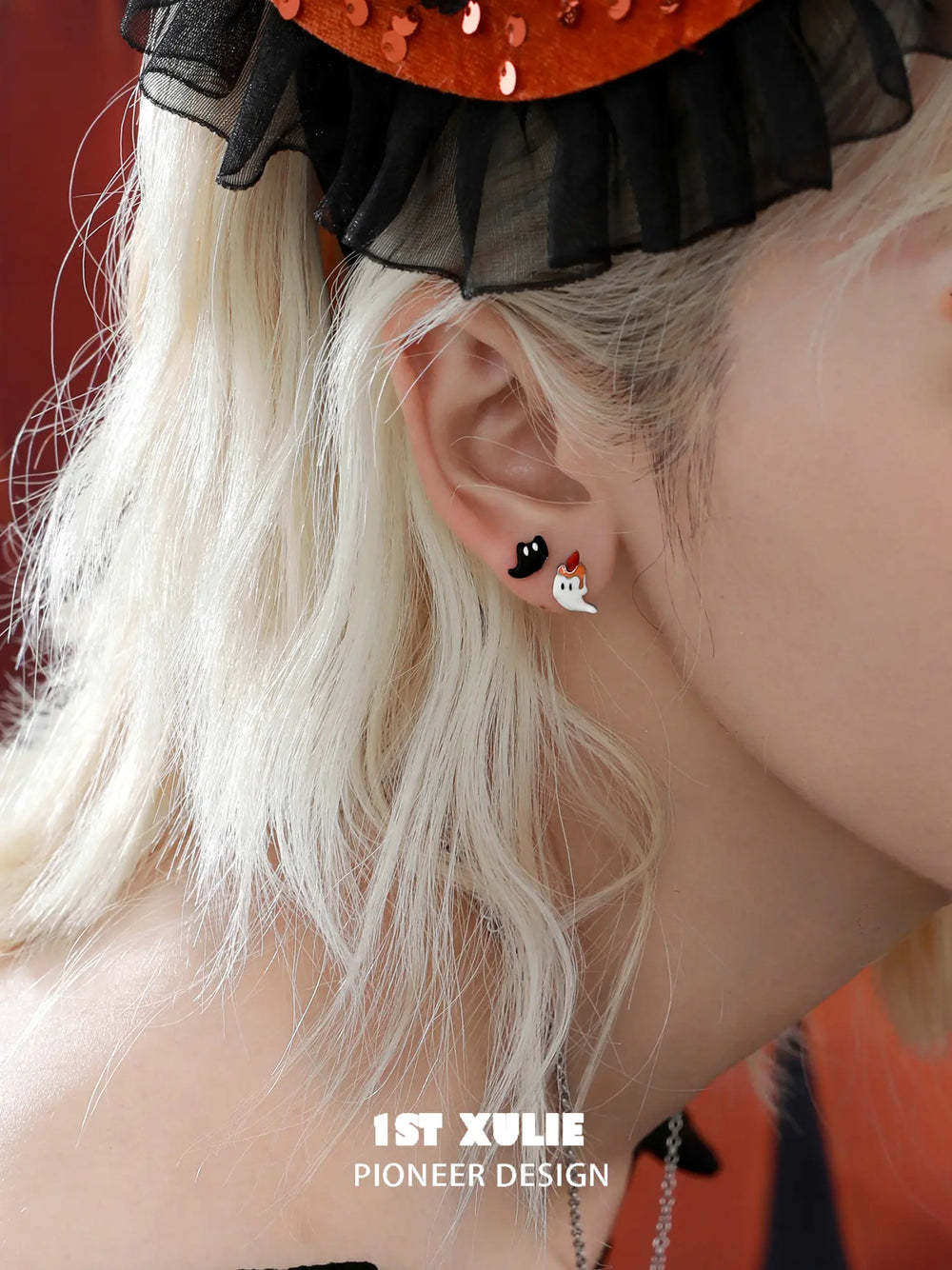 1ST XULIE "CANDLELIGHT GHOST" Cute Halloween Candlelight Ghost Stud Earrings in Platinum Plated - Angle 2