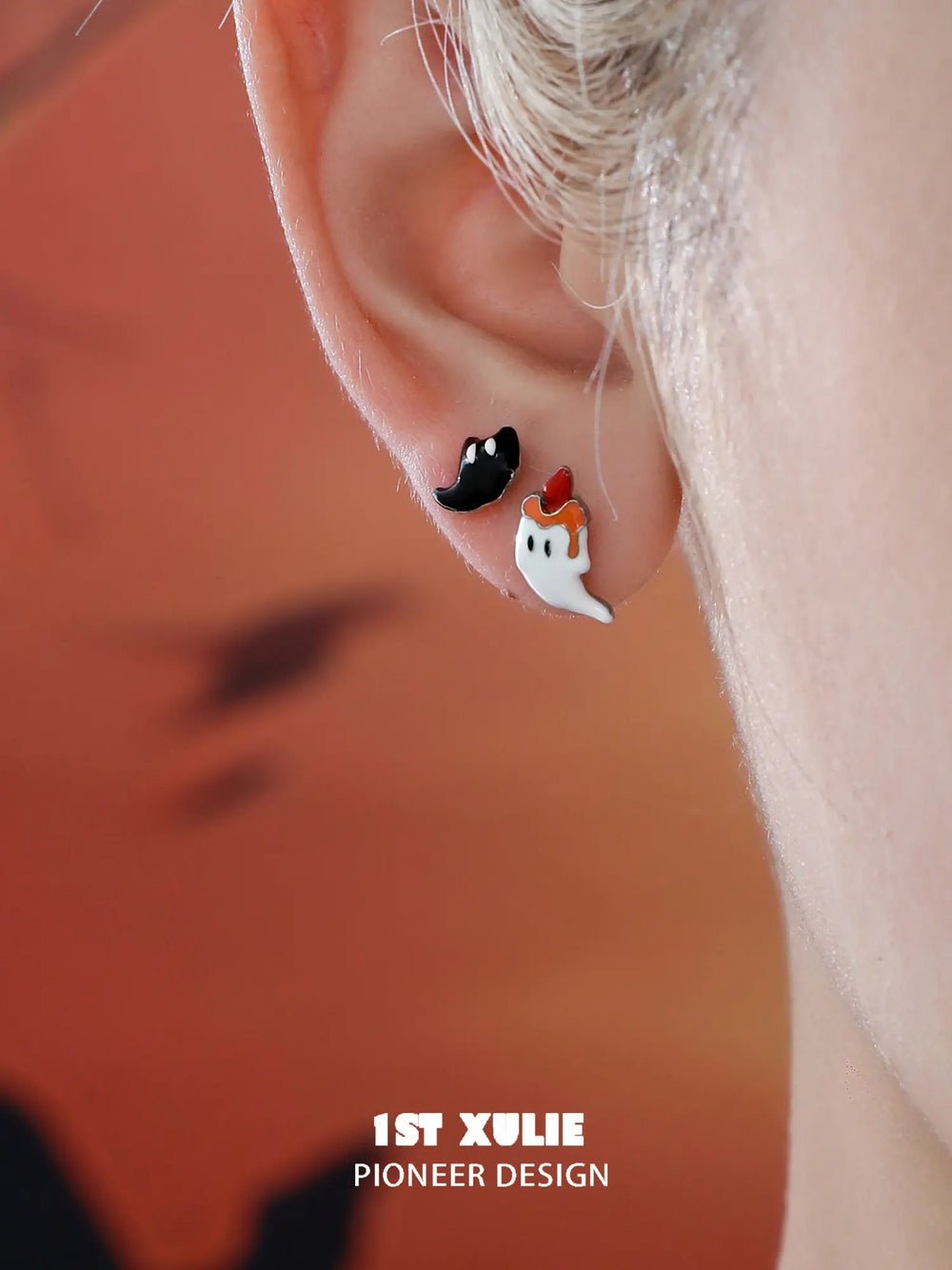 1ST XULIE "CANDLELIGHT GHOST" Cute Halloween Candlelight Ghost Stud Earrings in Platinum Plated - On Model