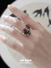 1ST XULIE "Swallow's Return" Artisan Statement Gold Foil Open Band Ring in 925 Sterling Silver - Side View