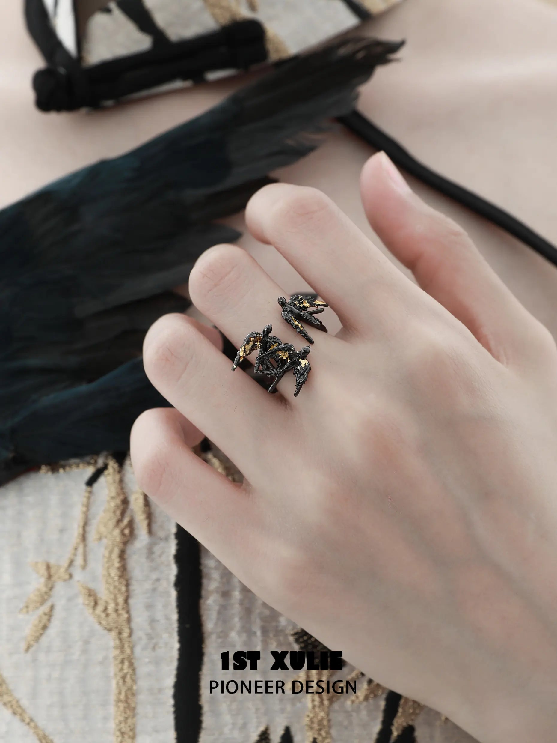 1ST XULIE "Swallow's Return" Artisan Statement Gold Foil Open Band Ring in 925 Sterling Silver - Detail Shot 1ST XULIE "Swallow's Return" Artisan Statement Gold Foil Open Band Ring in 925 Sterling Silver - Detail Shot