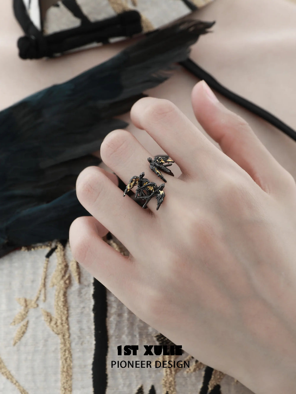 1ST XULIE "Swallow's Return" Artisan Statement Gold Foil Open Band Ring in 925 Sterling Silver - Detail Shot