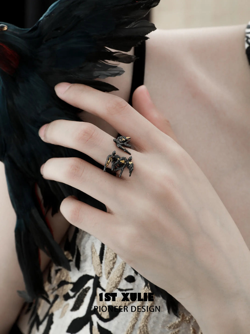 1ST XULIE "Swallow's Return" Artisan Statement Gold Foil Open Band Ring in 925 Sterling Silver - Lifestyle Shot