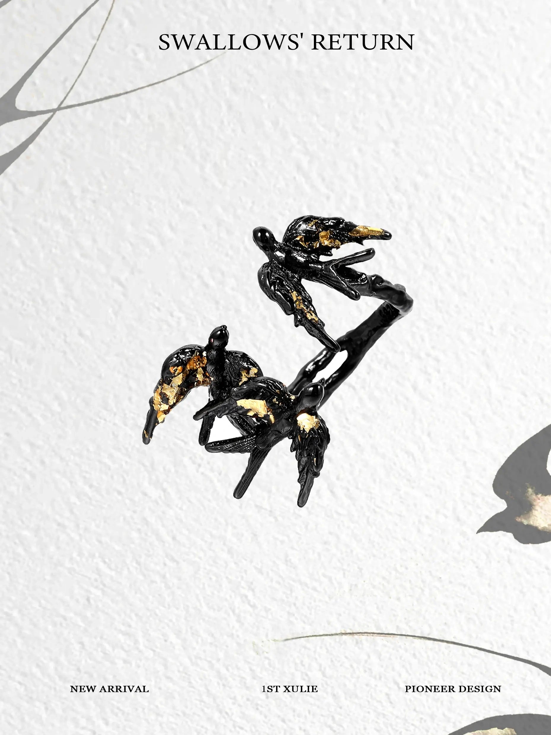 1ST XULIE "Swallow's Return" Artisan Statement Gold Foil Open Band Ring in 925 Sterling Silver - On Model 1ST XULIE "Swallow's Return" Artisan Statement Gold Foil Open Band Ring in 925 Sterling Silver - On Model