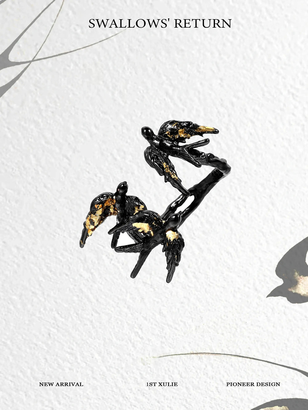 1ST XULIE "Swallow's Return" Artisan Statement Gold Foil Open Band Ring in 925 Sterling Silver - On Model