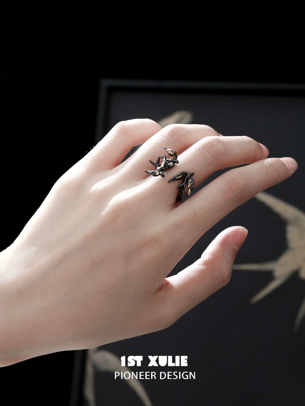 1ST XULIE "Swallow's Return" Artisan Statement Gold Foil Open Band Ring in 925 Sterling Silver - On Model Close-up