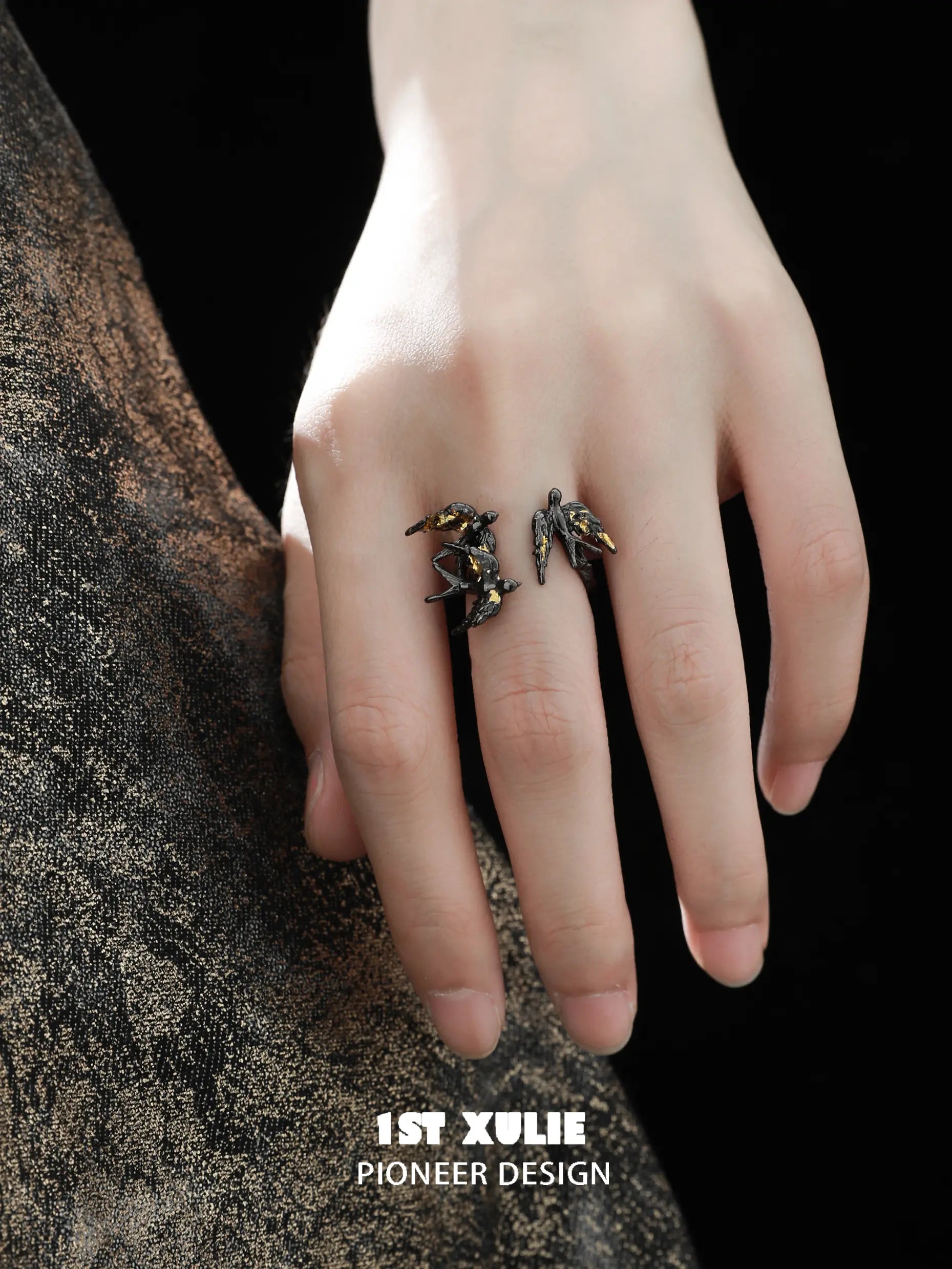 1ST XULIE "Swallow's Return" Artisan Statement Gold Foil Open Band Ring in 925 Sterling Silver - Angled Product View 1ST XULIE "Swallow's Return" Artisan Statement Gold Foil Open Band Ring in 925 Sterling Silver - Angled Product View