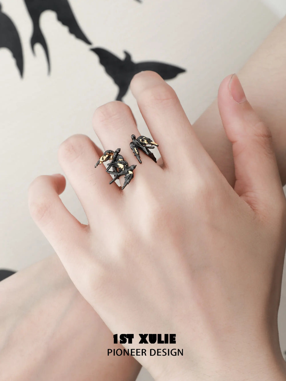 1ST XULIE "Swallow's Return" Artisan Statement Gold Foil Open Band Ring in 925 Sterling Silver - Texture Detail