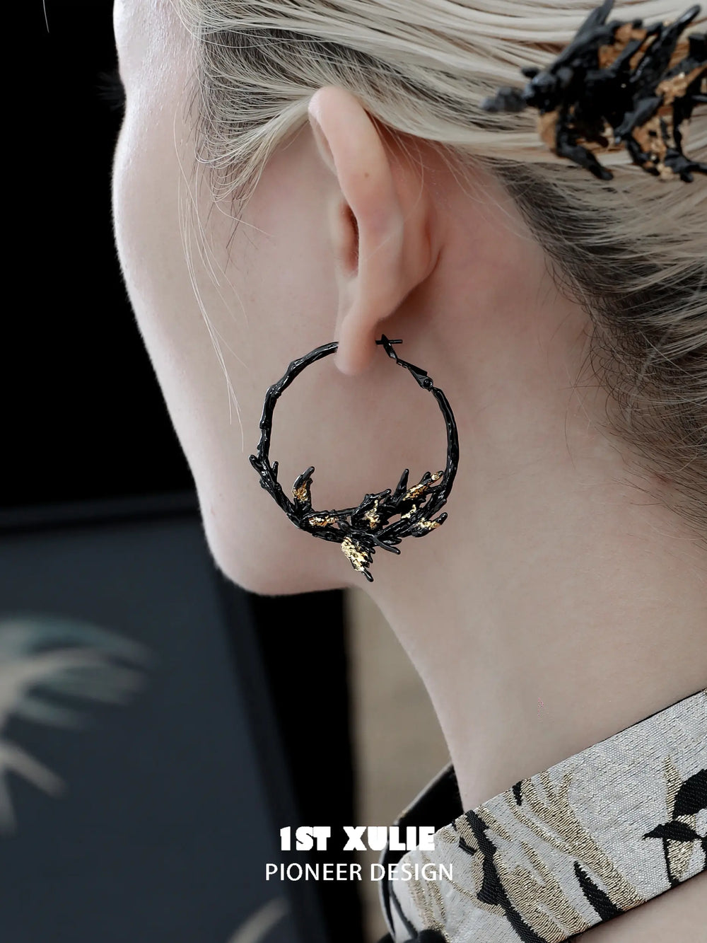 1ST XULIE "Swallow's Return" Gold Leaf Swallow Statement Hoop Earrings in 18K Black Gold Plate - Product View