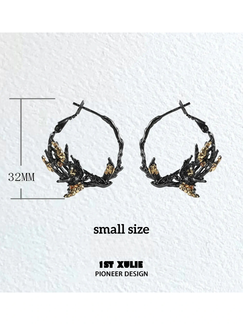1ST XULIE "Swallow's Return" Gold Leaf Swallow Statement Hoop Earrings in 18K Black Gold Plate - Packaging View