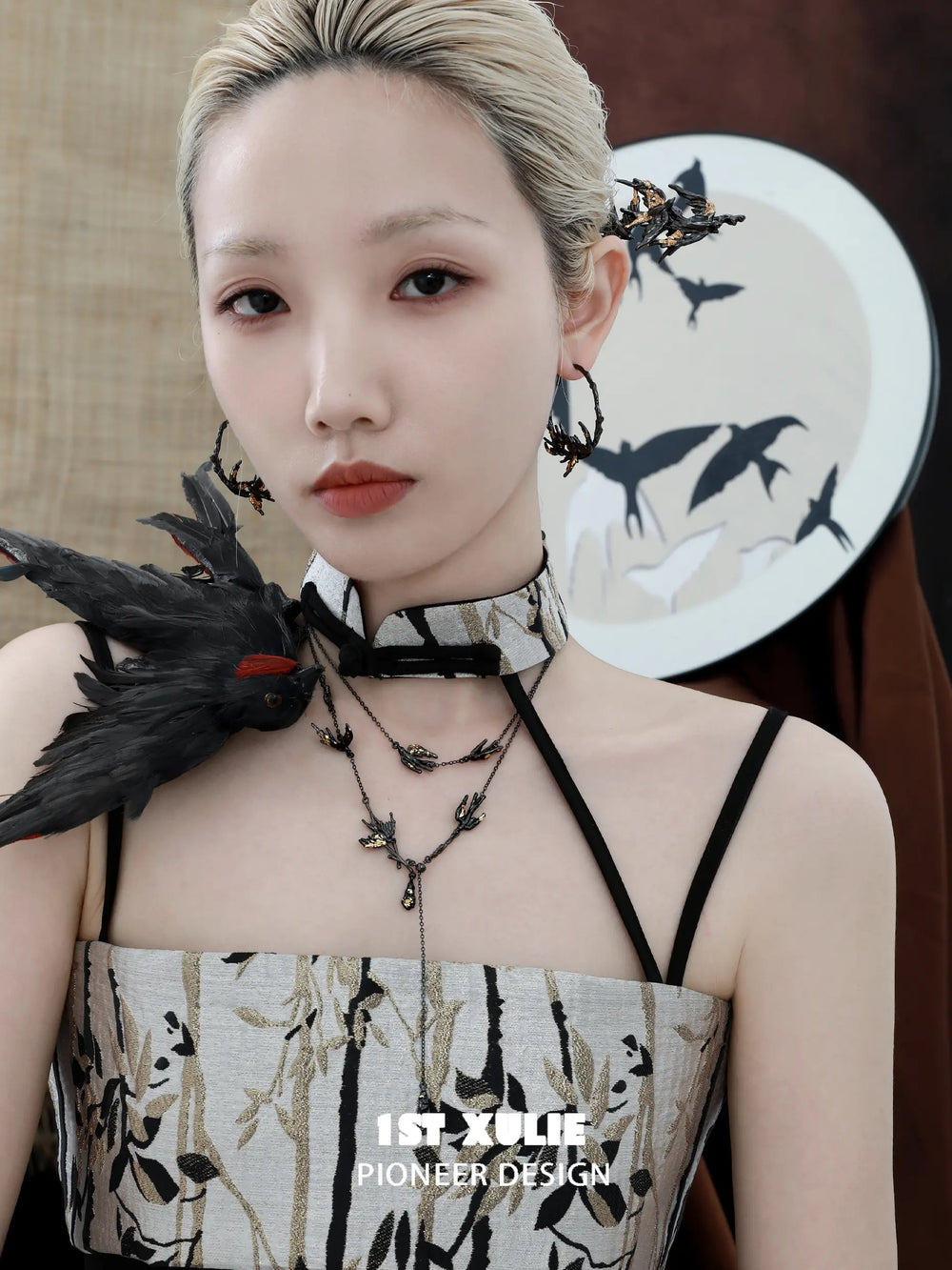 1ST XULIE "Swallow's Return" Gold Leaf Swallow Statement Hoop Earrings in 18K Black Gold Plate - Side View
