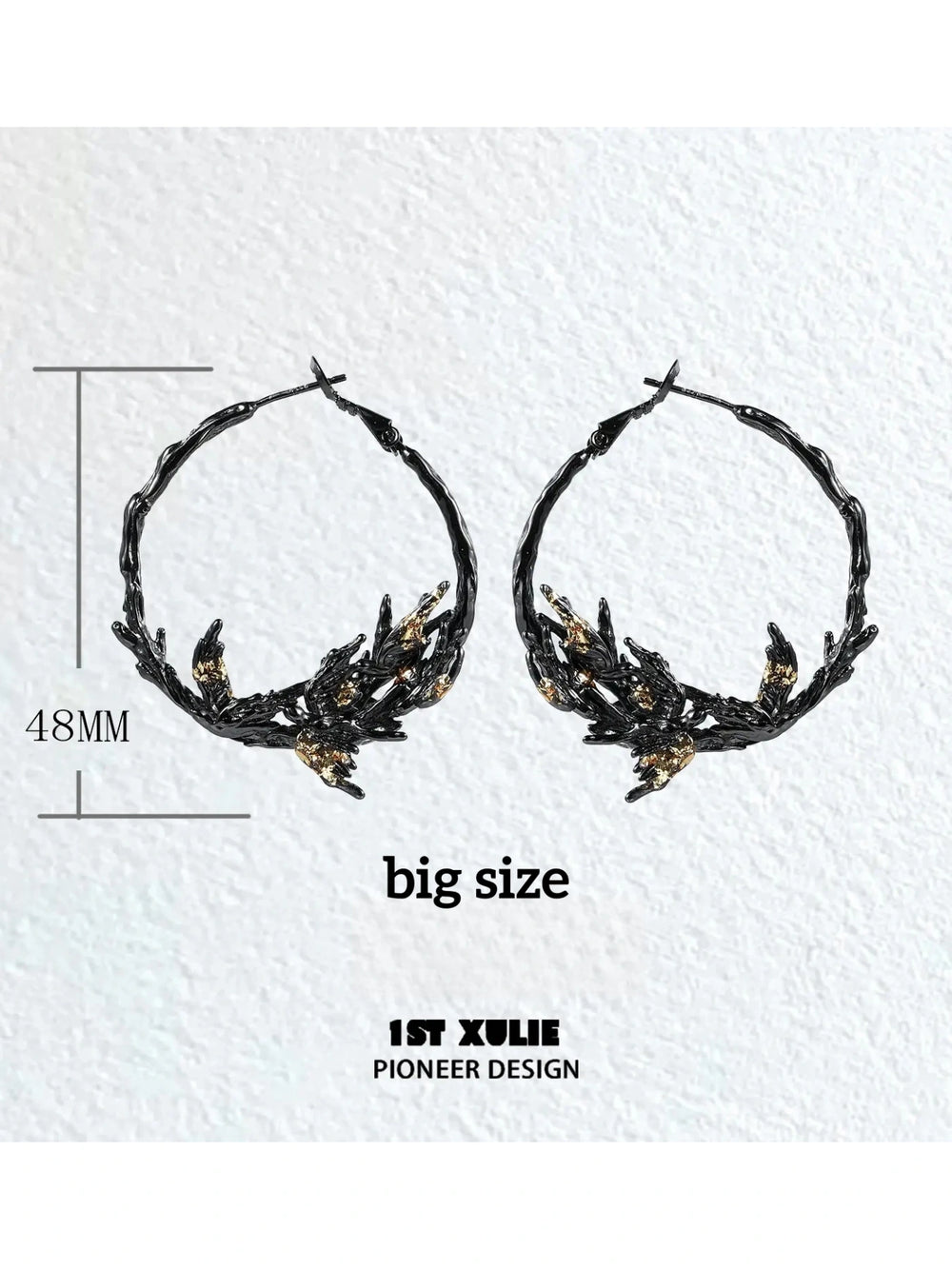 1ST XULIE "Swallow's Return" Gold Leaf Swallow Statement Hoop Earrings in 18K Black Gold Plate - Size Comparison