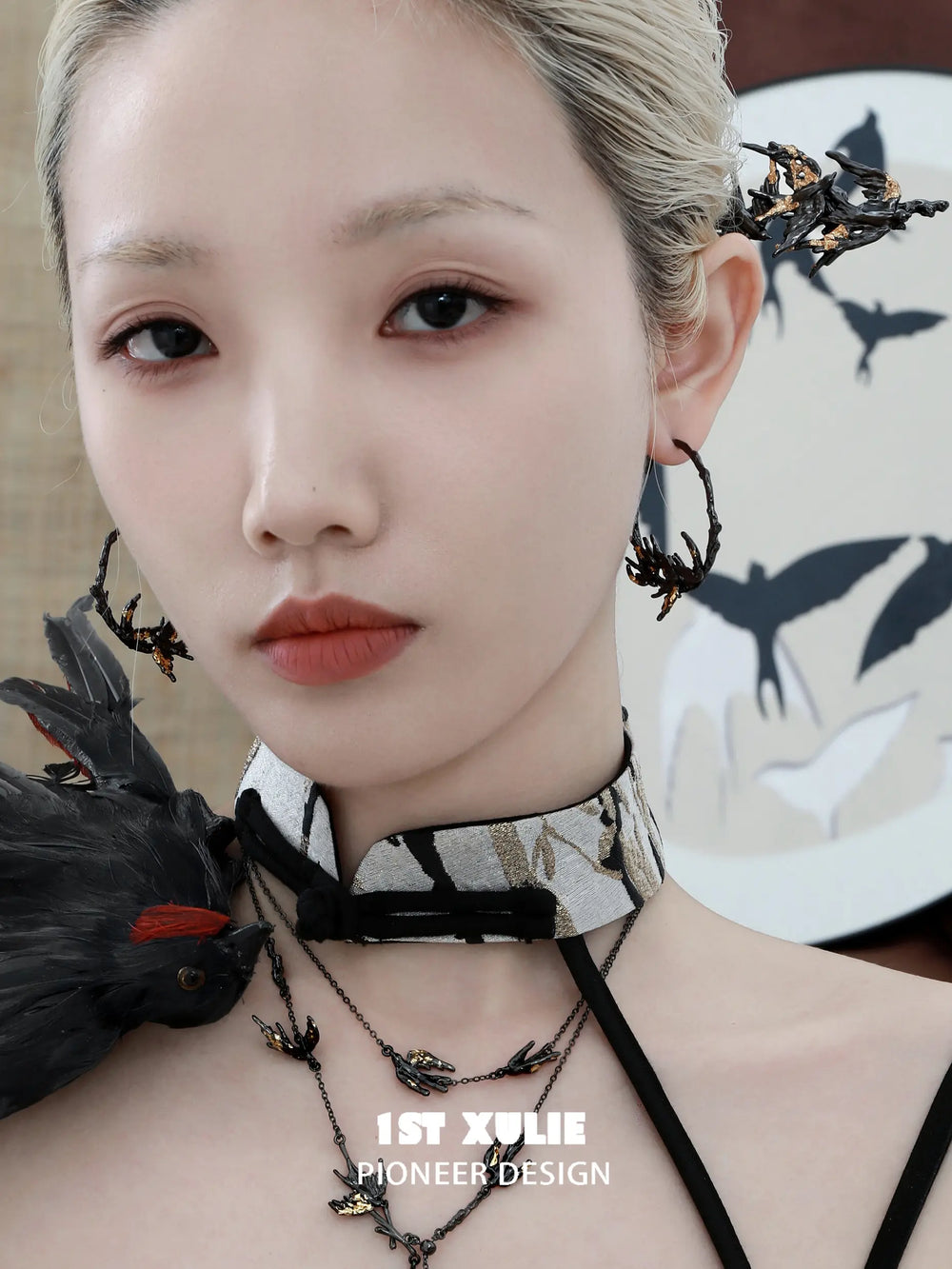 1ST XULIE "Swallow's Return" Gold Leaf Swallow Statement Hoop Earrings in 18K Black Gold Plate - Texture Detail