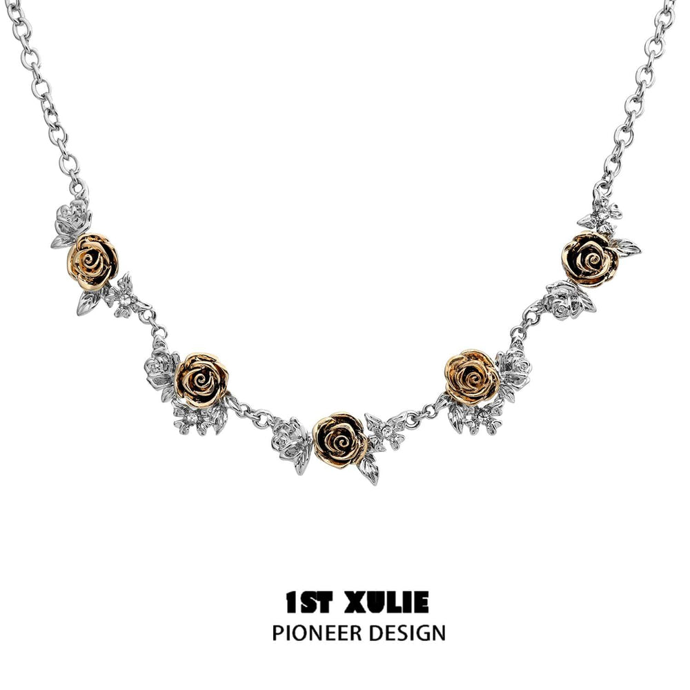 1ST XULIE "Golden Rose" 18K Gold Plated Statement Pendant Layered Necklace - Angled View