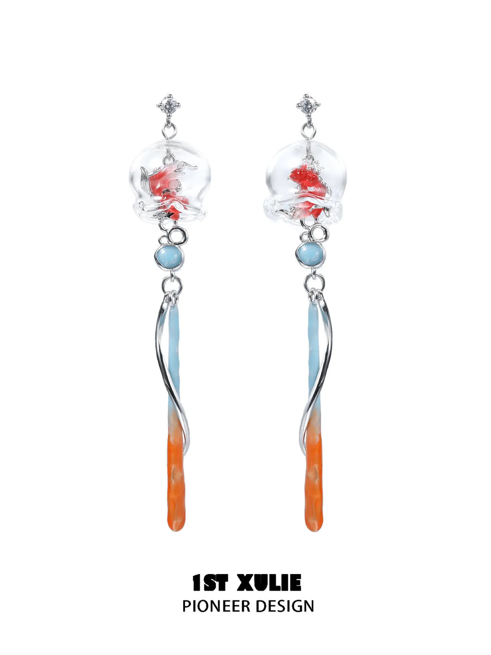 1ST XULIE Jewelry "THE SEA" Whimsical Goldfish Glass Dome Statement Drop Dangle Earrings - Angle 1