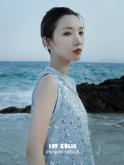 1ST XULIE "The Sea" Whimsical Goldfish Teardrop Dangle Needle Piercing Earrings in Platinum Plated - Detail Shot