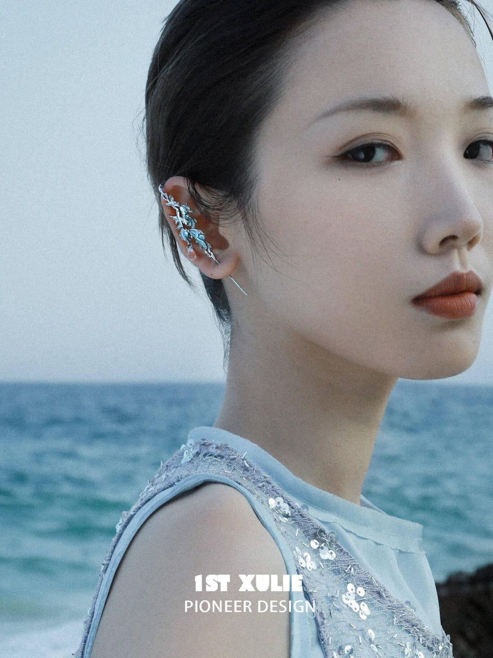 1ST XULIE "The Sea" Whimsical Goldfish Teardrop Dangle Needle Piercing Earrings in Platinum Plated - Lifestyle Shot