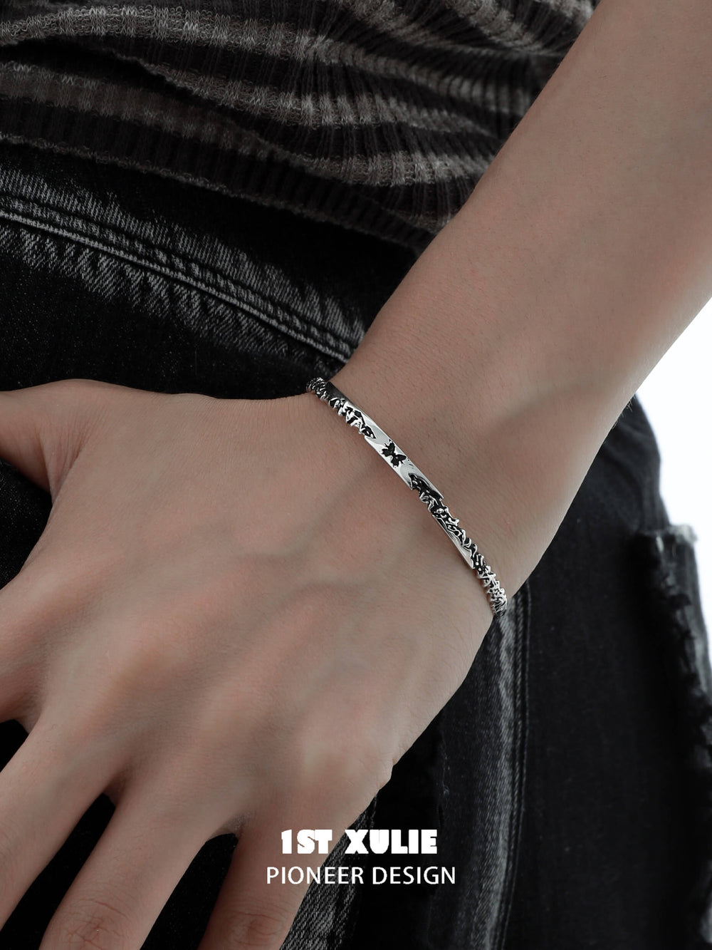 1ST XULIE "Whiterfly" Gothic Black Butterfly Bangle Bracelet in 925 Sterling Silver - Product View