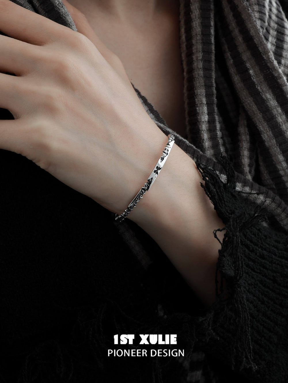 1ST XULIE "Whiterfly" Gothic Black Butterfly Bangle Bracelet in 925 Sterling Silver - Side View