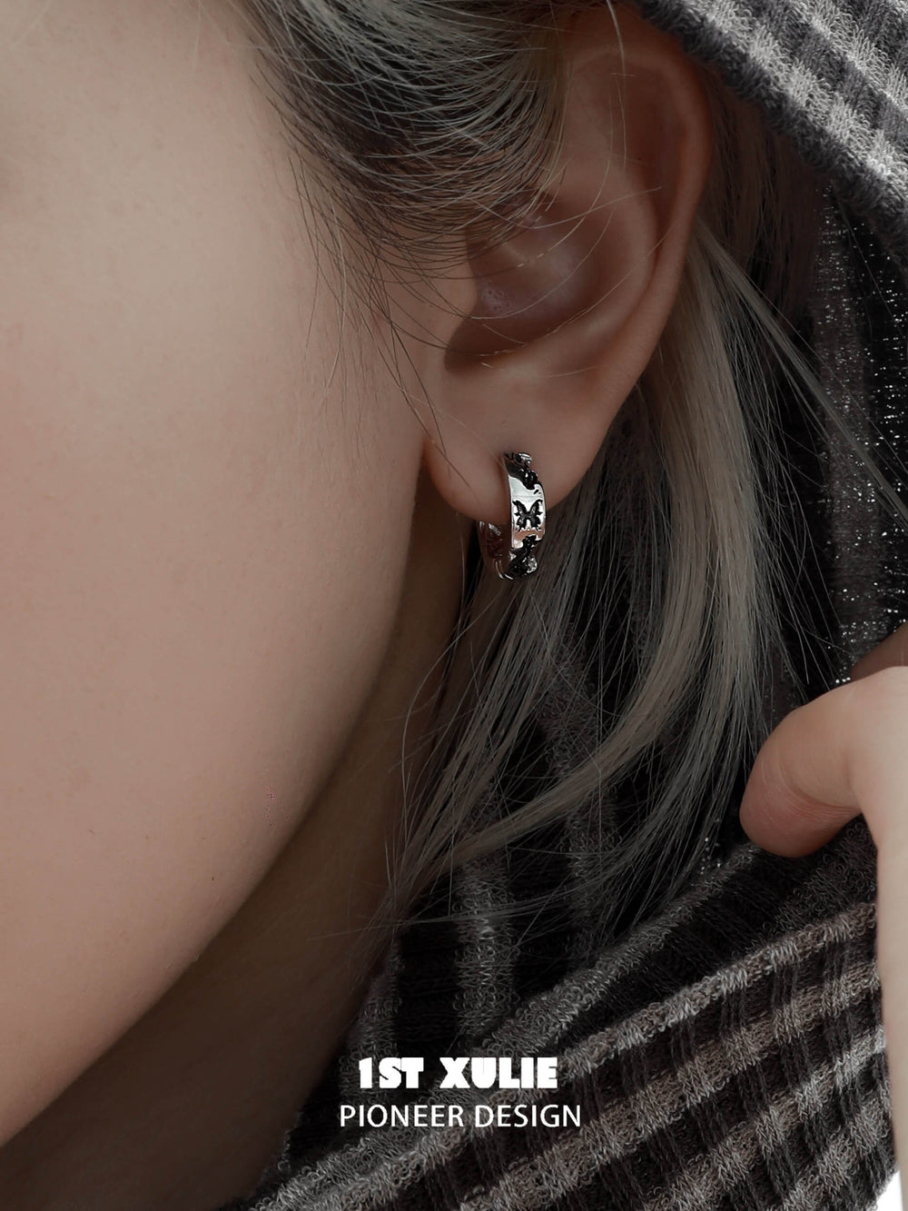 1ST XULIE "Whiterfly" Gothic Black Butterfly Dangle Huggie Earrings in Platinum Plated Brass - Side View