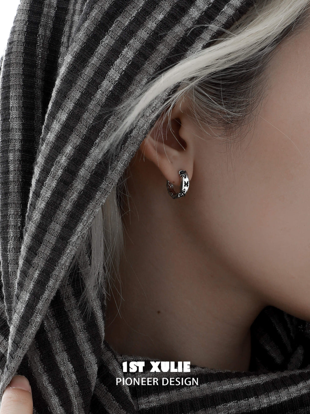 1ST XULIE "Whiterfly" Gothic Black Butterfly Dangle Huggie Earrings in Platinum Plated Brass - Detail Shot