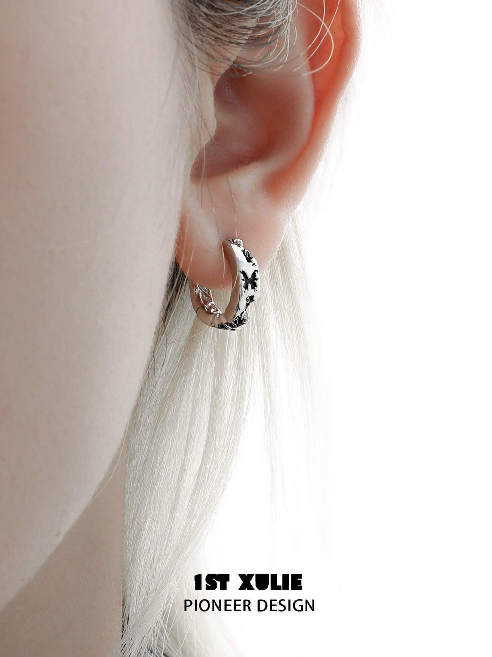 1ST XULIE "Whiterfly" Gothic Black Butterfly Dangle Huggie Earrings in Platinum Plated Brass - Product View
