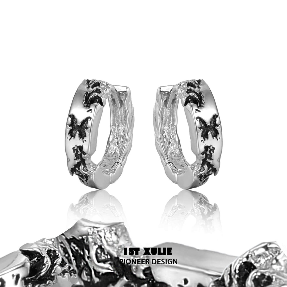 1ST XULIE "Whiterfly" Gothic Black Butterfly Dangle Huggie Earrings in Platinum Plated Brass - On Model