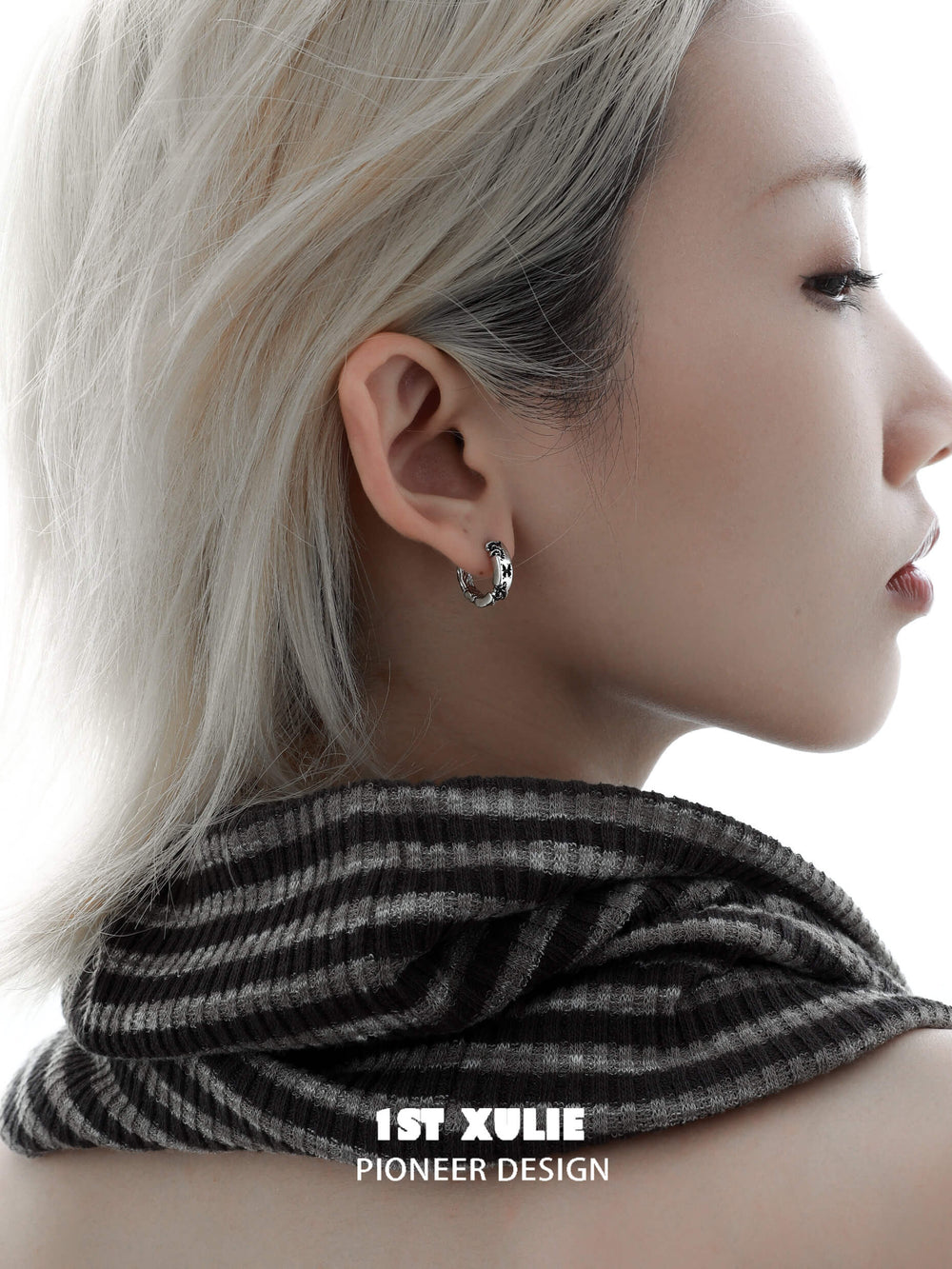 1ST XULIE "Whiterfly" Gothic Black Butterfly Dangle Huggie Earrings in Platinum Plated Brass - Product View on Display