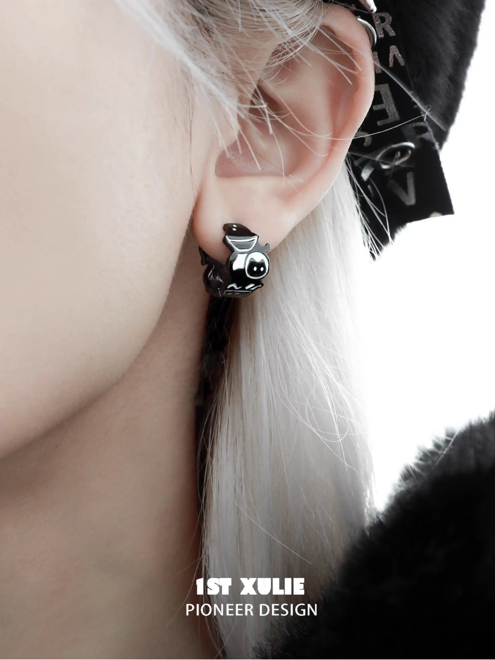 1ST XULIE "Ghosts Black Cat" Gothic Black Cat Dangle Charm Huggie Hoops in 18K Black Gold Plate - Angled Product View