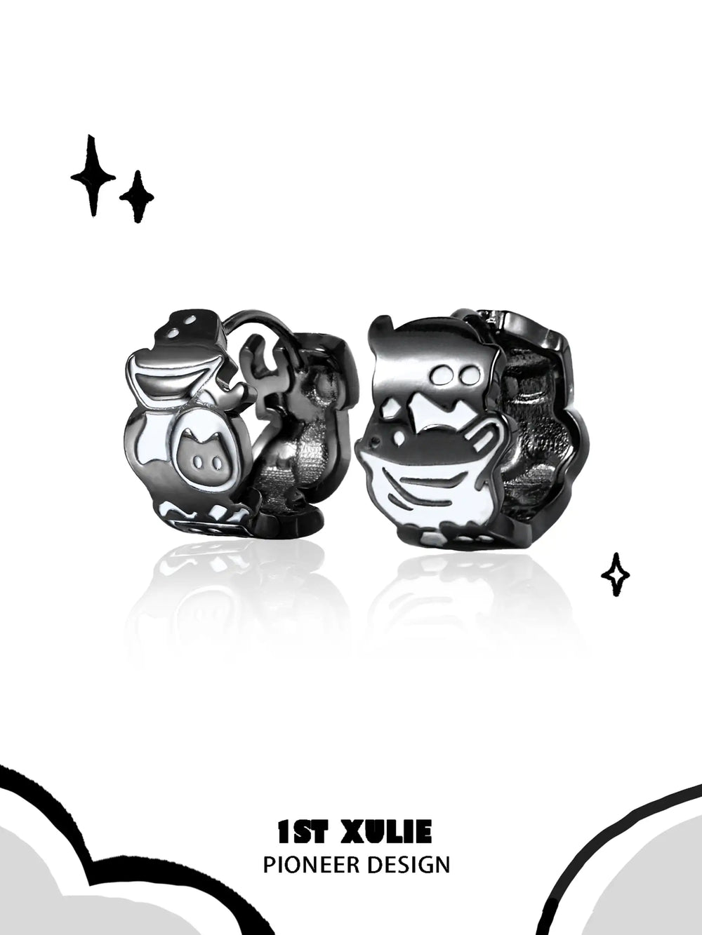 1ST XULIE "Ghosts Black Cat" Gothic Black Cat Dangle Charm Huggie Hoops in 18K Black Gold Plate - On Model