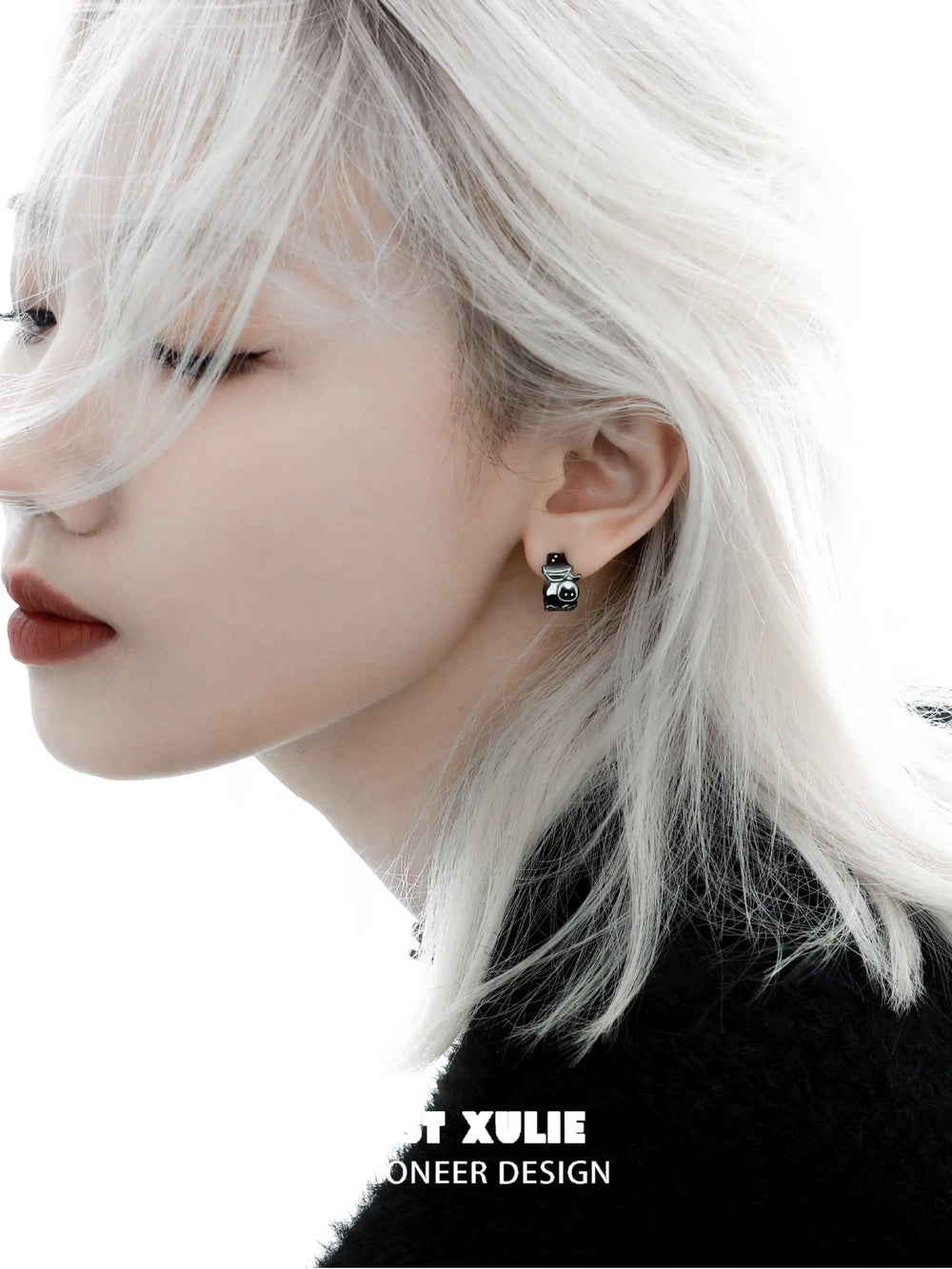 1ST XULIE "Ghosts Black Cat" Gothic Black Cat Dangle Charm Huggie Hoops in 18K Black Gold Plate - On Model Close-Up