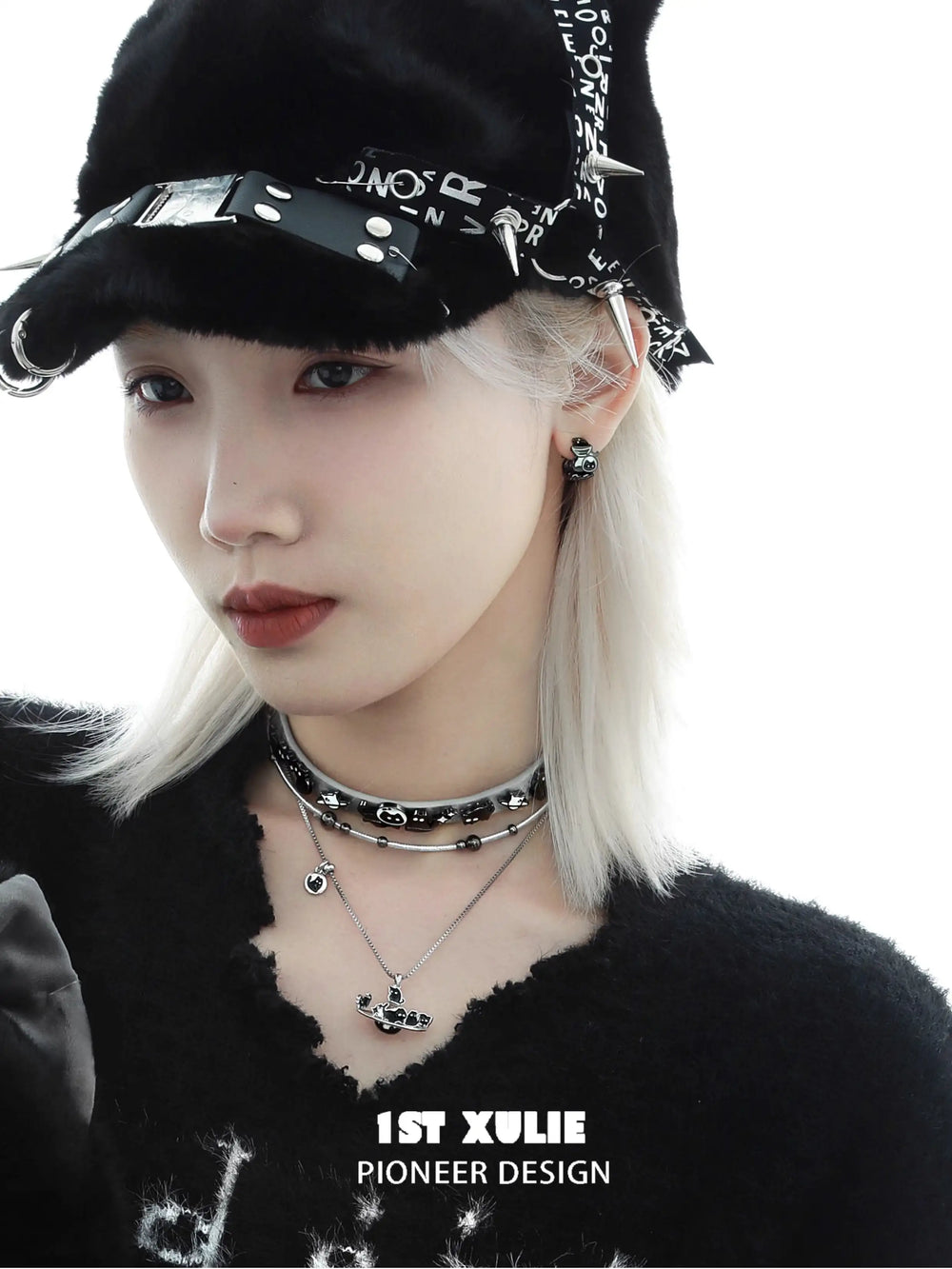 1ST XULIE "Ghosts Black Cat" Gothic Black Cat Dangle Charm Huggie Hoops in 18K Black Gold Plate - Side View