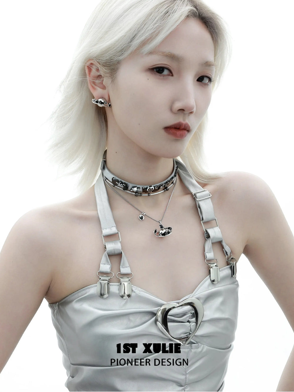 1ST XULIE "Ghosts" Gothic Black Cat Pendant Choker Necklace in Platinum Plated Brass - Side View