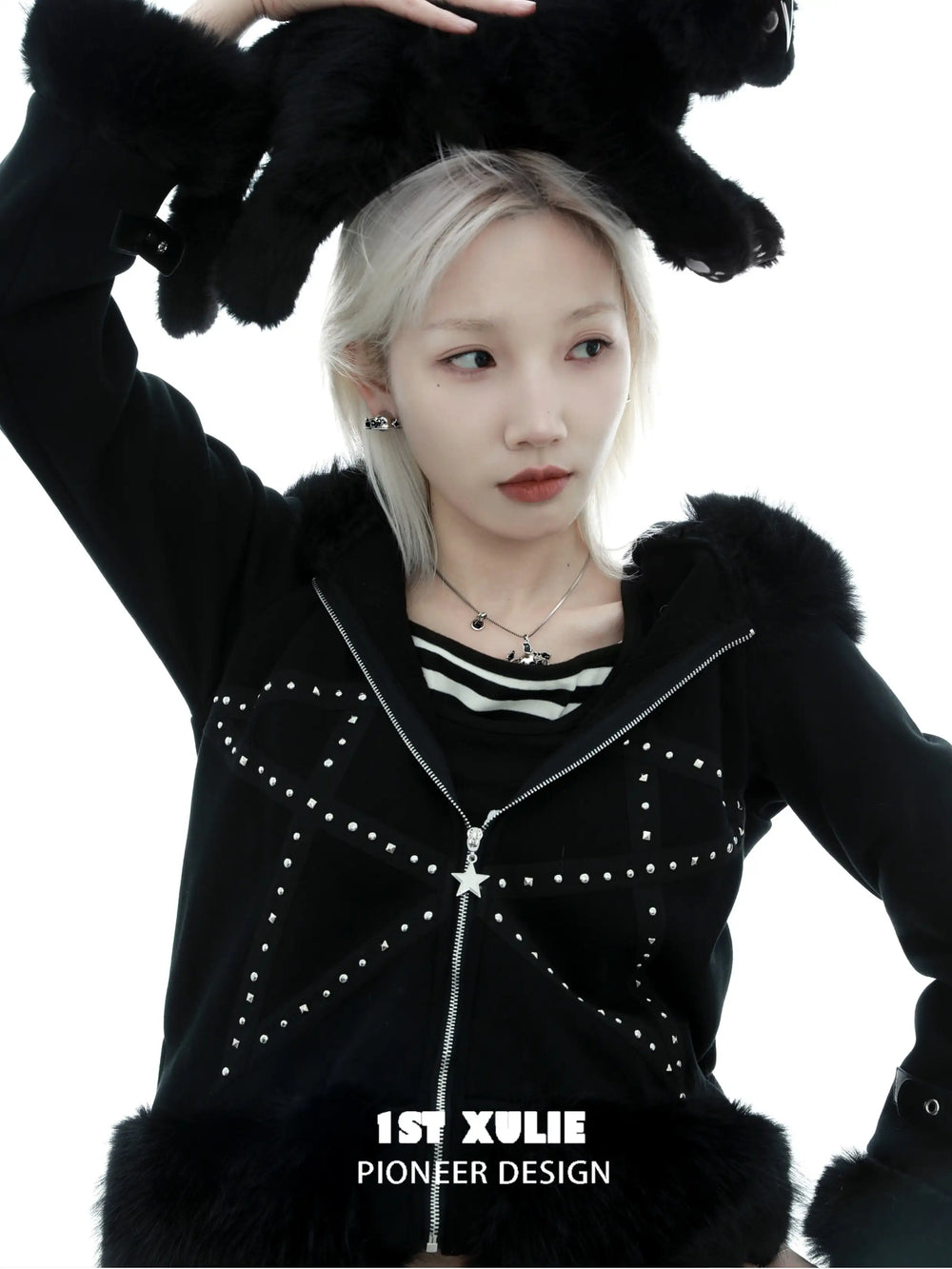 1ST XULIE "Ghosts" Gothic Black Cat Pendant Choker Necklace in Platinum Plated Brass - Back View