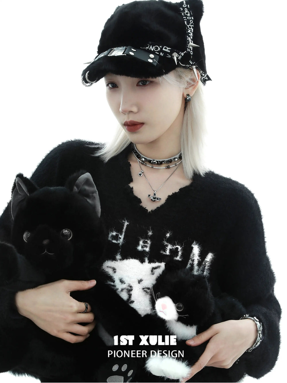 1ST XULIE "Ghosts" Gothic Black Cat Pendant Choker Necklace in Platinum Plated Brass - Lifestyle Shot