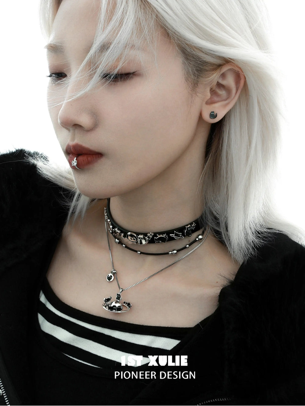 1ST XULIE "Ghosts" Gothic Black Cat Pendant Choker Necklace in Platinum Plated Brass - Product View