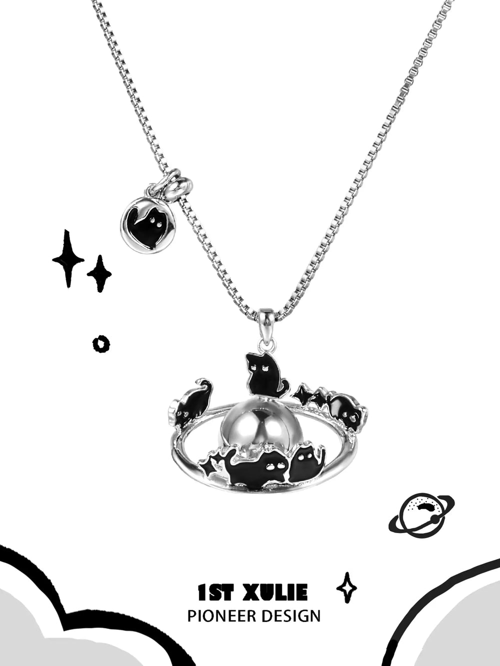1ST XULIE "Ghosts" Gothic Black Cat Pendant Choker Necklace in Platinum Plated Brass - On Model