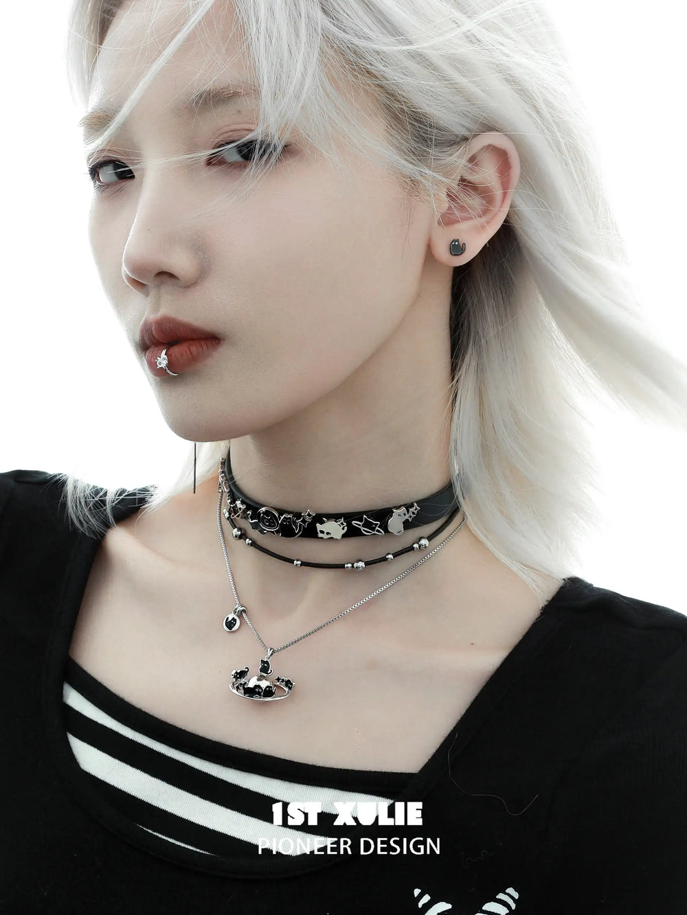 1ST XULIE "Ghosts" Gothic Black Cat Pendant Choker Necklace in Platinum Plated Brass - On Model Close-Up