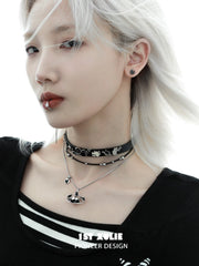 1ST XULIE "Ghosts" Gothic Black Cat Pendant Choker Necklace in Platinum Plated Brass - On Model Close-Up