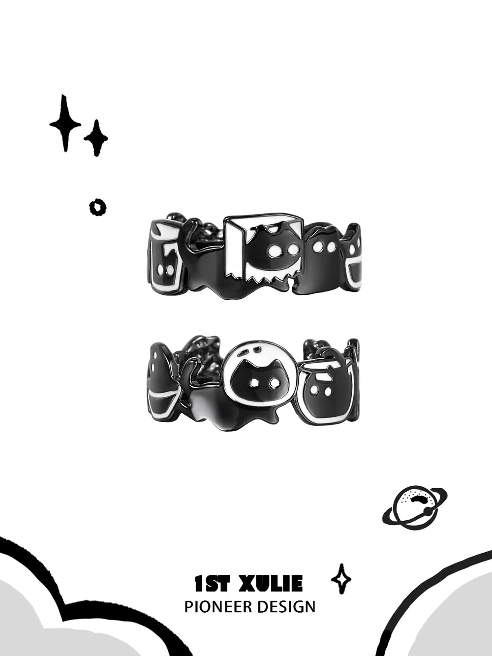 1ST XULIE "Ghosts Cat" Gothic Black Cat Wrap Ring in 925 Sterling Silver - Product View