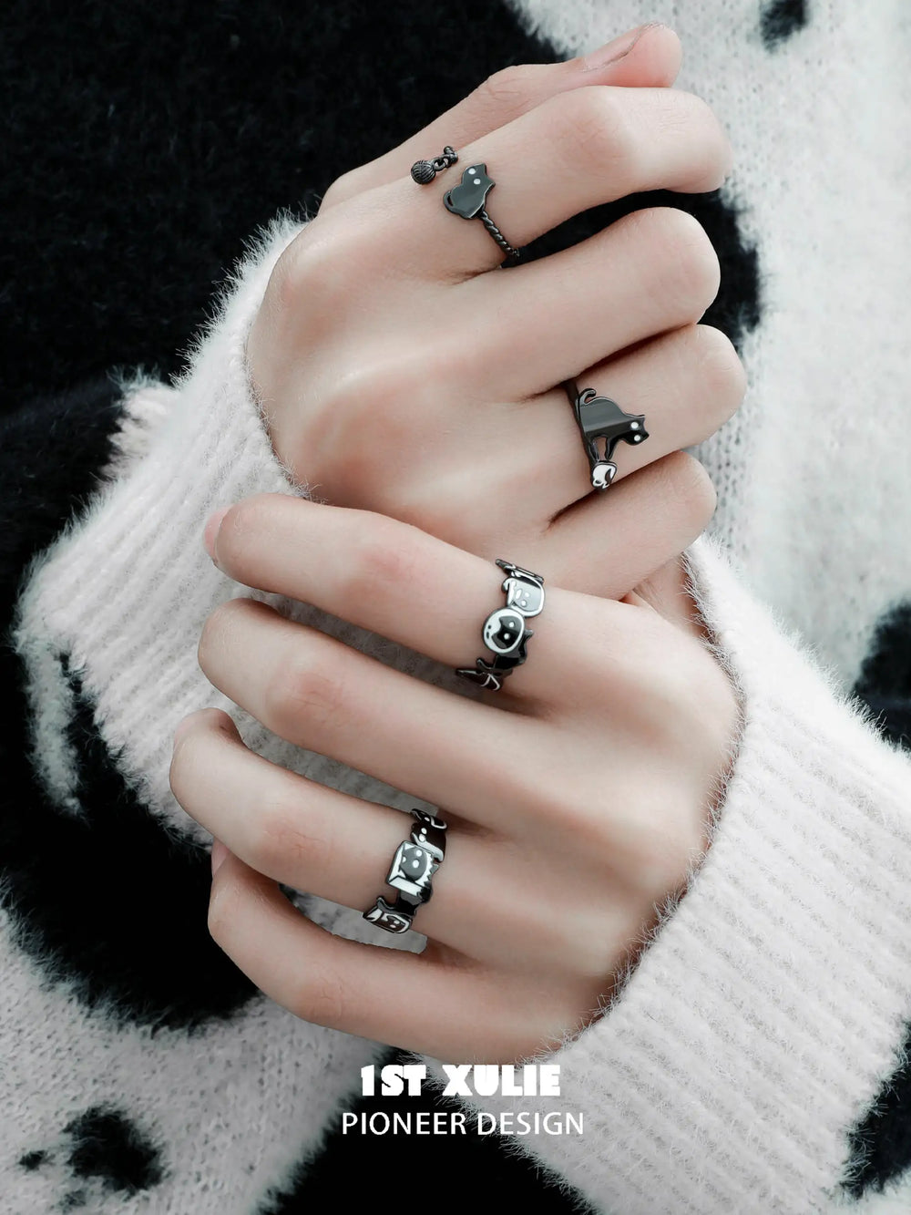 1ST XULIE "Ghosts Cat" Gothic Black Cat Wrap Ring in 925 Sterling Silver - Side View