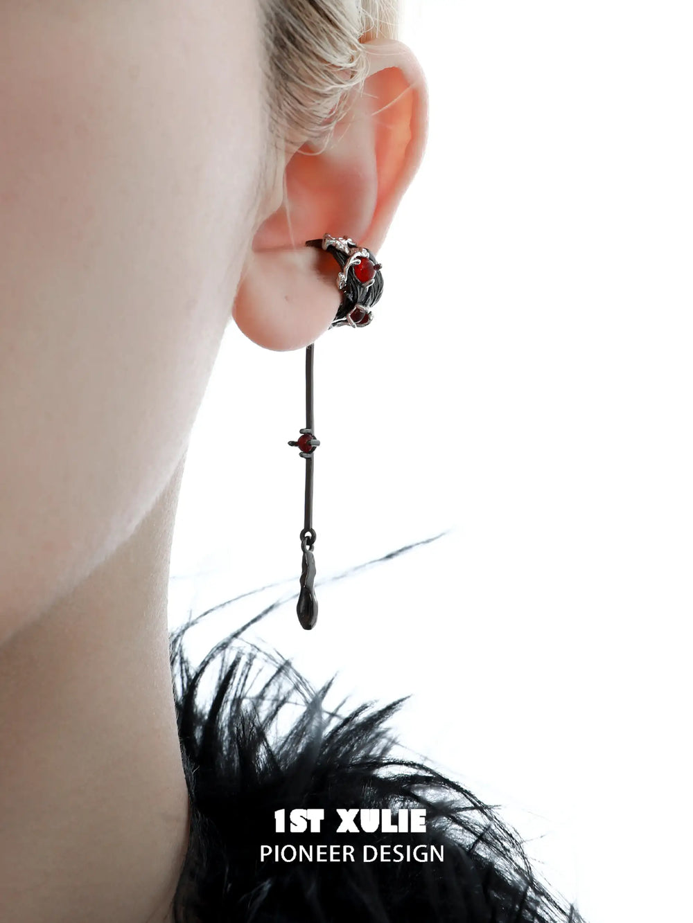 1ST XULIE "Lucifer" Gothic Black Swan Feather Dangle Ear Cuffs in Black Gold Plated - Side View