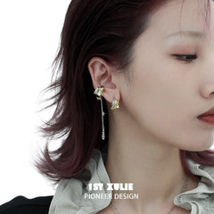 1ST XULIE "Lucifer" Gothic Black Swan Feather Dangle Earrings in 18K Gold & Black Gold Plating - On Model