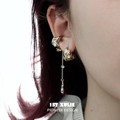 1ST XULIE "Lucifer" Gothic Black Swan Feather Dangle Earrings in 18K Gold & Black Gold Plating - On Model Close-up