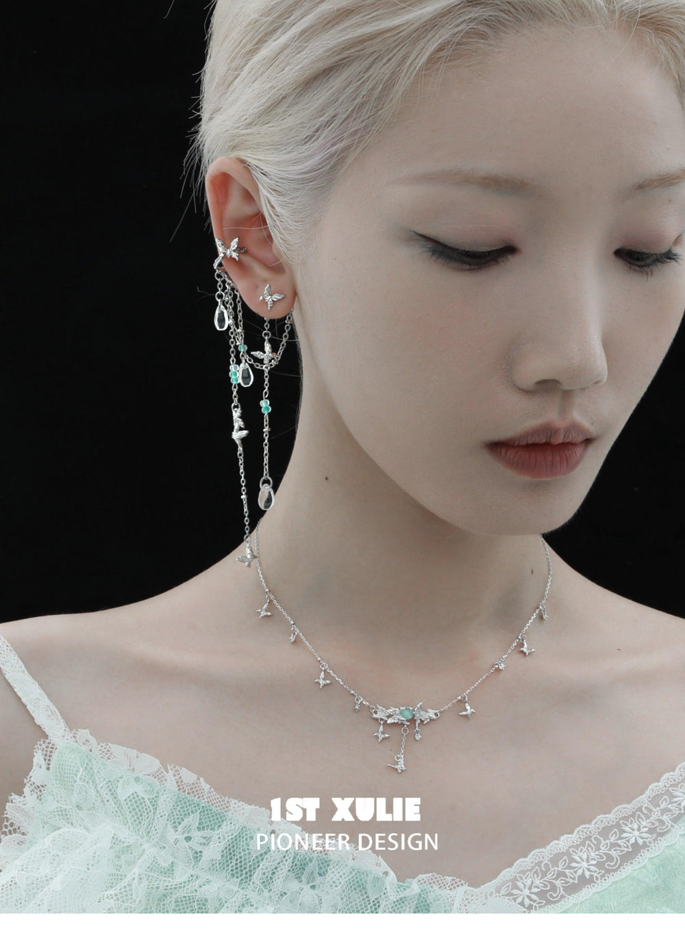 1ST XULIE "Whiterfly" Gothic Butterfly Bone Agate Necklace in Platinum Plated - Side View