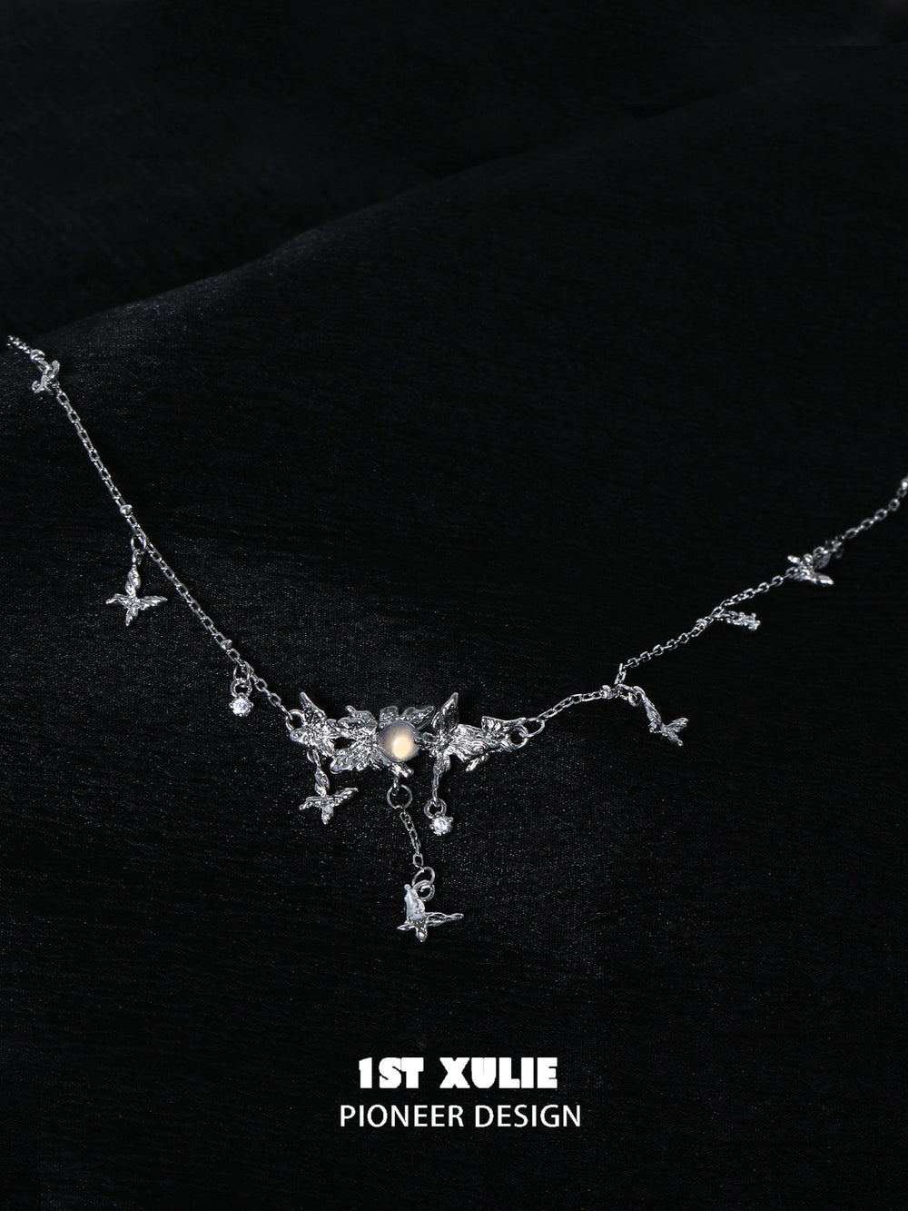 1ST XULIE "Whiterfly" Gothic Butterfly Bone Agate Necklace in Platinum Plated - Clasp Detail